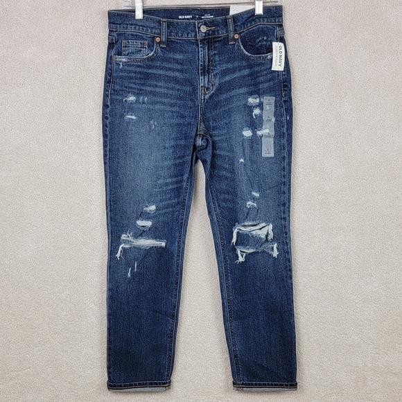 Old Navy Barbara Dark Wash Ripped Boyfriend Straight Denim Blue Jeans Sz 4 NEW - Picture 2 of 16